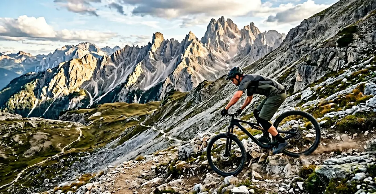 Mountainbiker navigiert sicher durch anspruchsvolles alpines Gelände mit modernem Enduro-Bike