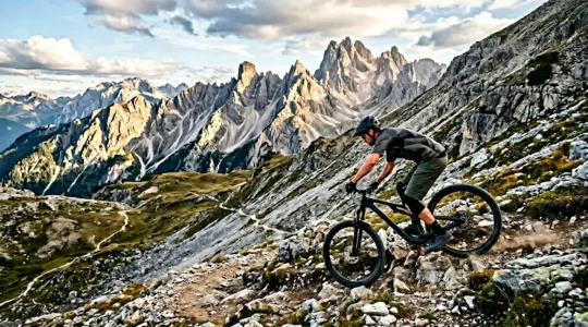 Mountainbiker navigiert sicher durch anspruchsvolles alpines Gelände mit modernem Enduro-Bike