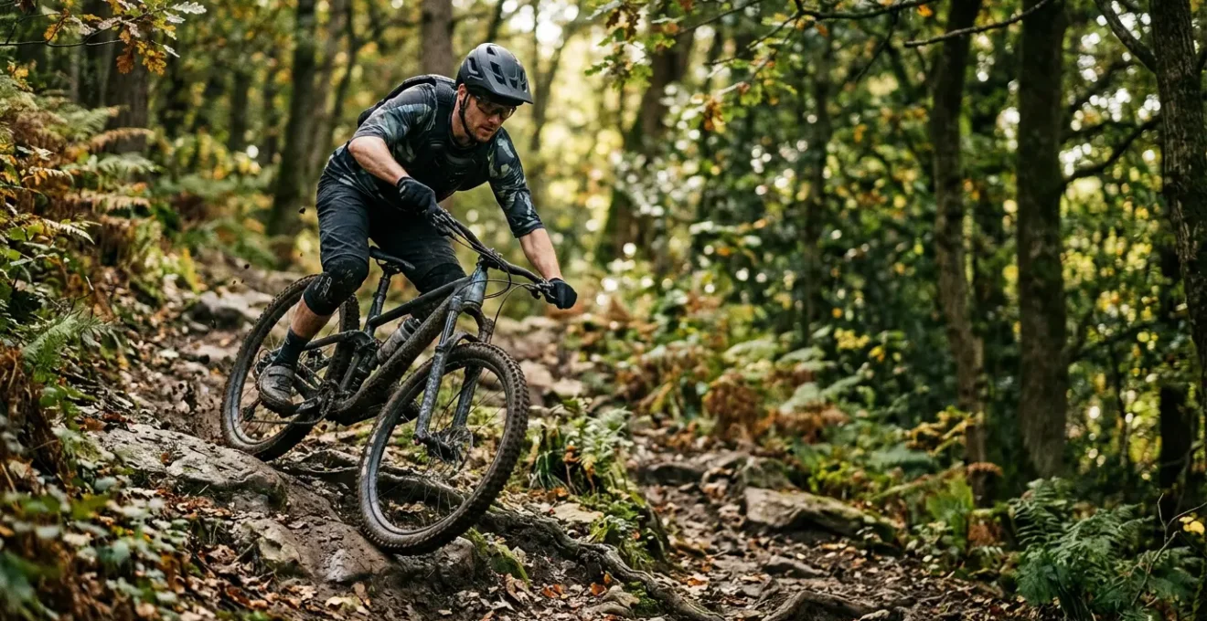 Mountainbiker mit Rückenprotektor auf anspruchsvollem Trail in dynamischer Fahrsituation
