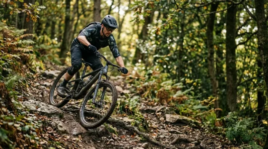 Mountainbiker mit Rückenprotektor auf anspruchsvollem Trail in dynamischer Fahrsituation