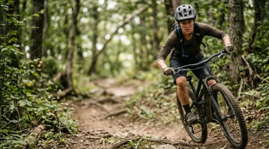 Mountainbiker in dynamischer Balance-Position auf dem Trail mit neurologischem Fokus auf Körperwahrnehmung