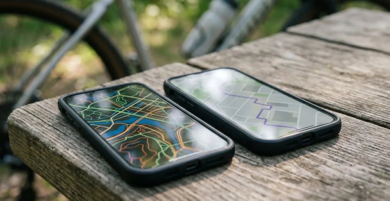 Zwei Smartphones nebeneinander mit unterschiedlichen Offline-Navigations-Apps