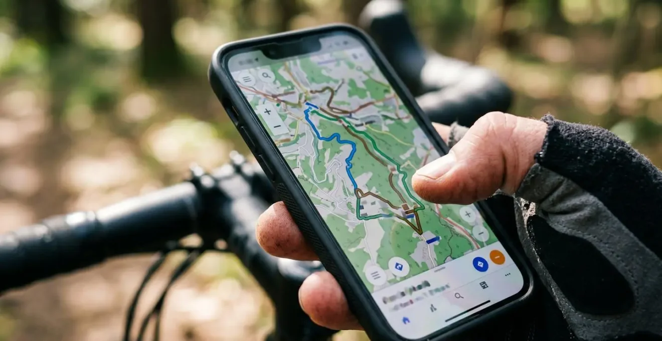 Nahaufnahme eines Smartphones mit OpenStreetMap-Wegdetails in einer App