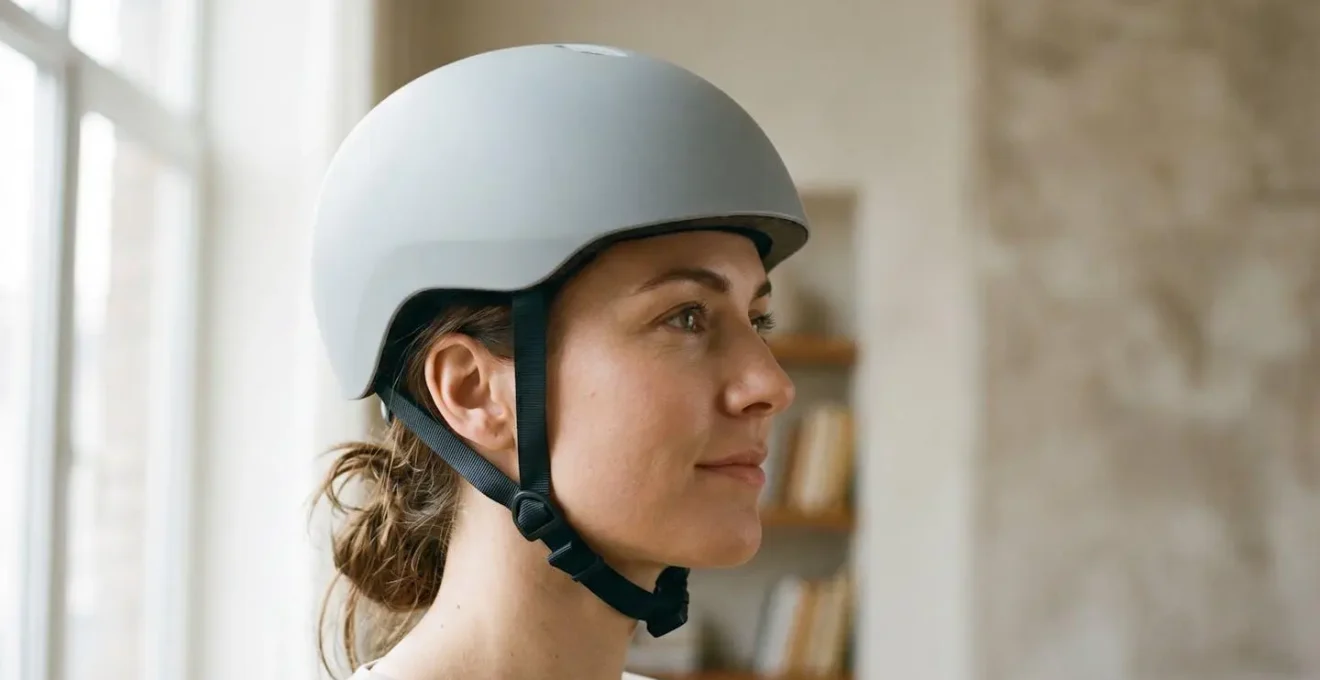 Seitenansicht eines korrekt eingestellten Fahrradhelms mit perfekter Passform und korrekter Riemenführung am Kopf