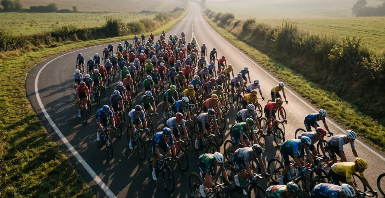 Vogelperspektive eines dichten Pelotons beim Radmarathon mit strategischer Fahrweise