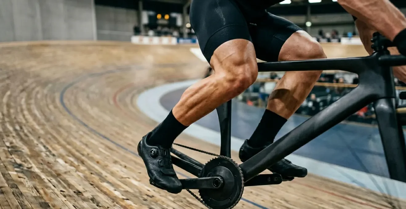 Nahaufnahme eines professionellen Radfahrers beim Pedalieren mit Fokus auf Beintechnik und Druckphase