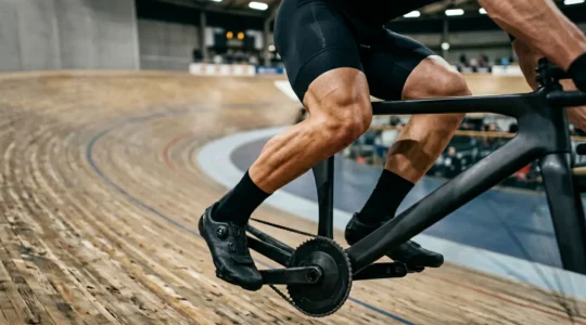 Nahaufnahme eines professionellen Radfahrers beim Pedalieren mit Fokus auf Beintechnik und Druckphase