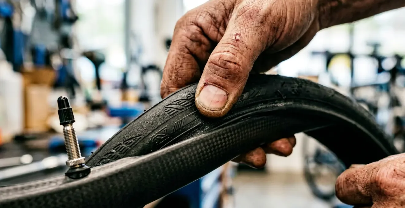 Nahaufnahme eines professionellen Radsportlers, der einen Tubeless-Reifen an einem Hochleistungs-Rennrad montiert