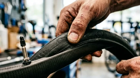 Nahaufnahme eines professionellen Radsportlers, der einen Tubeless-Reifen an einem Hochleistungs-Rennrad montiert