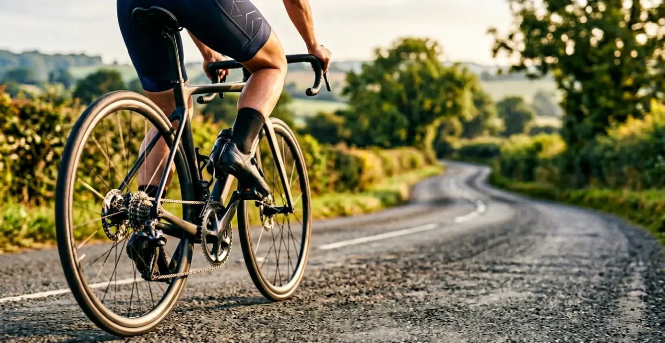 Nahaufnahme von Radfahrbeinen in Bewegung mit unscharfem Hintergrund, symbolisiert kardiovaskuläre Gesundheit durch Ausdauersport