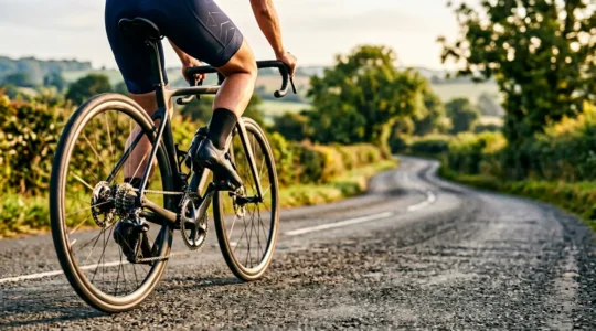 Nahaufnahme von Radfahrbeinen in Bewegung mit unscharfem Hintergrund, symbolisiert kardiovaskuläre Gesundheit durch Ausdauersport