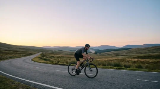 Person auf Fahrrad in natuerlicher Umgebung mit Fokus auf Bewegung und Herzgesundheit
