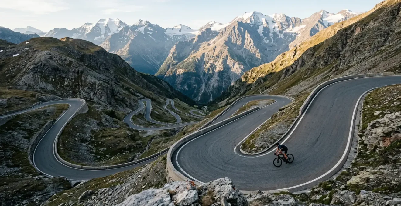 Rennradfahrer fährt entschlossen die legendären Kehren des Stilfser Jochs hinauf
