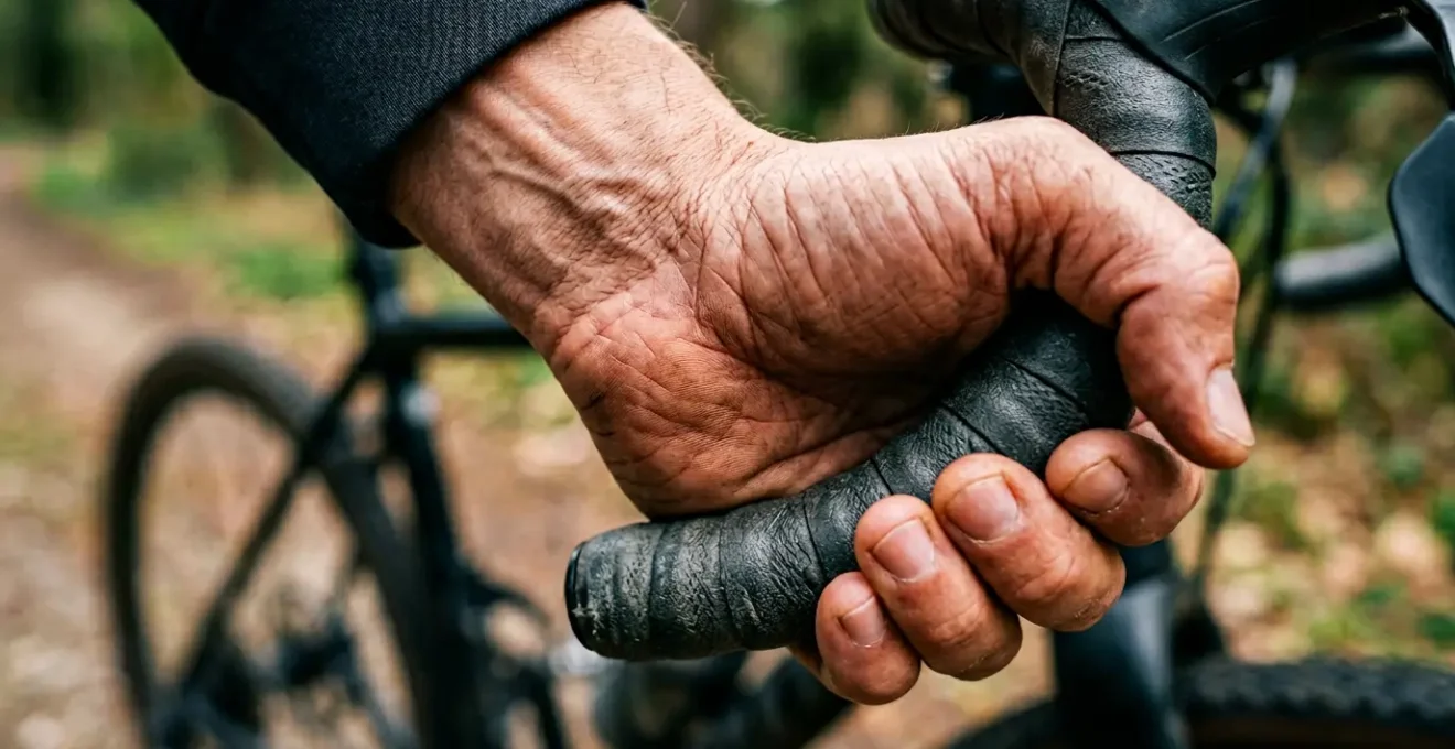 Nahaufnahme der Hand eines Radfahrers am Lenker mit Fokus auf Handposition und Druckpunkte