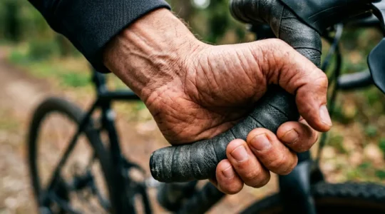 Nahaufnahme der Hand eines Radfahrers am Lenker mit Fokus auf Handposition und Druckpunkte