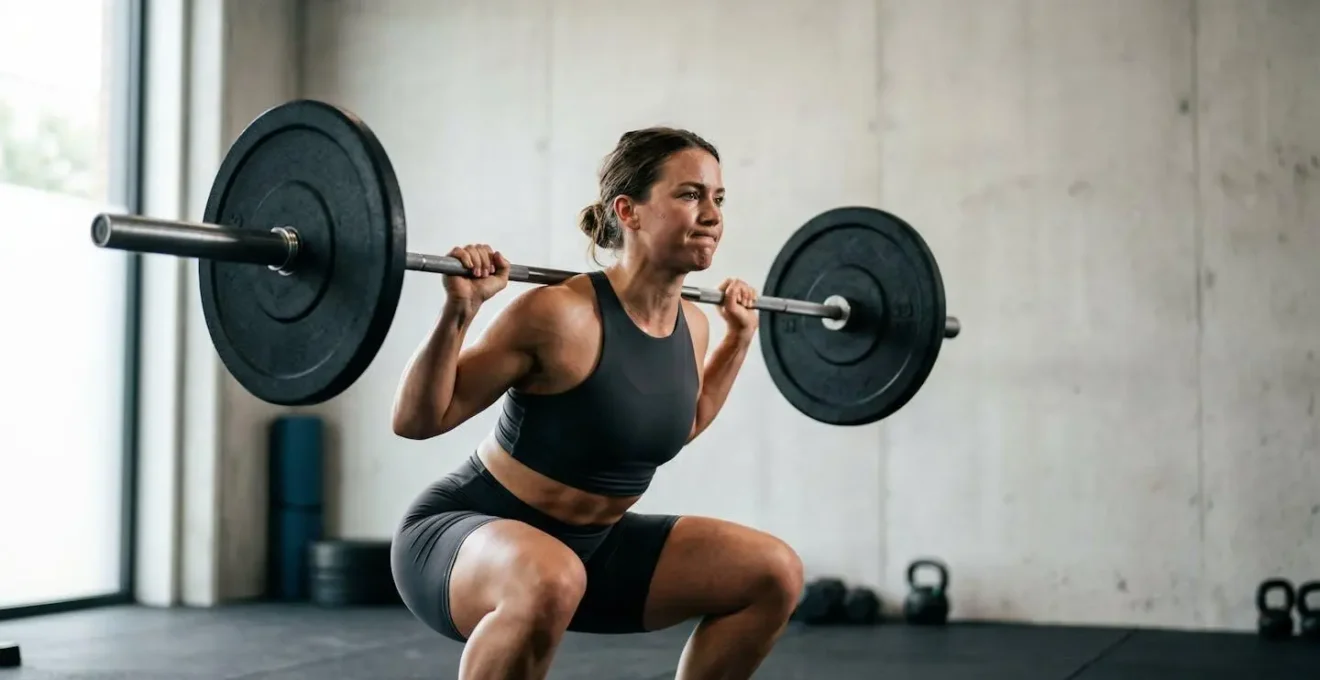 Radfahrer beim Krafttraining mit Kniebeugen zur Entwicklung von Sprintkraft und explosiver Leistung