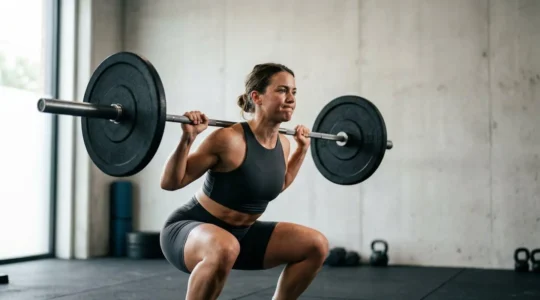 Radfahrer beim Krafttraining mit Kniebeugen zur Entwicklung von Sprintkraft und explosiver Leistung