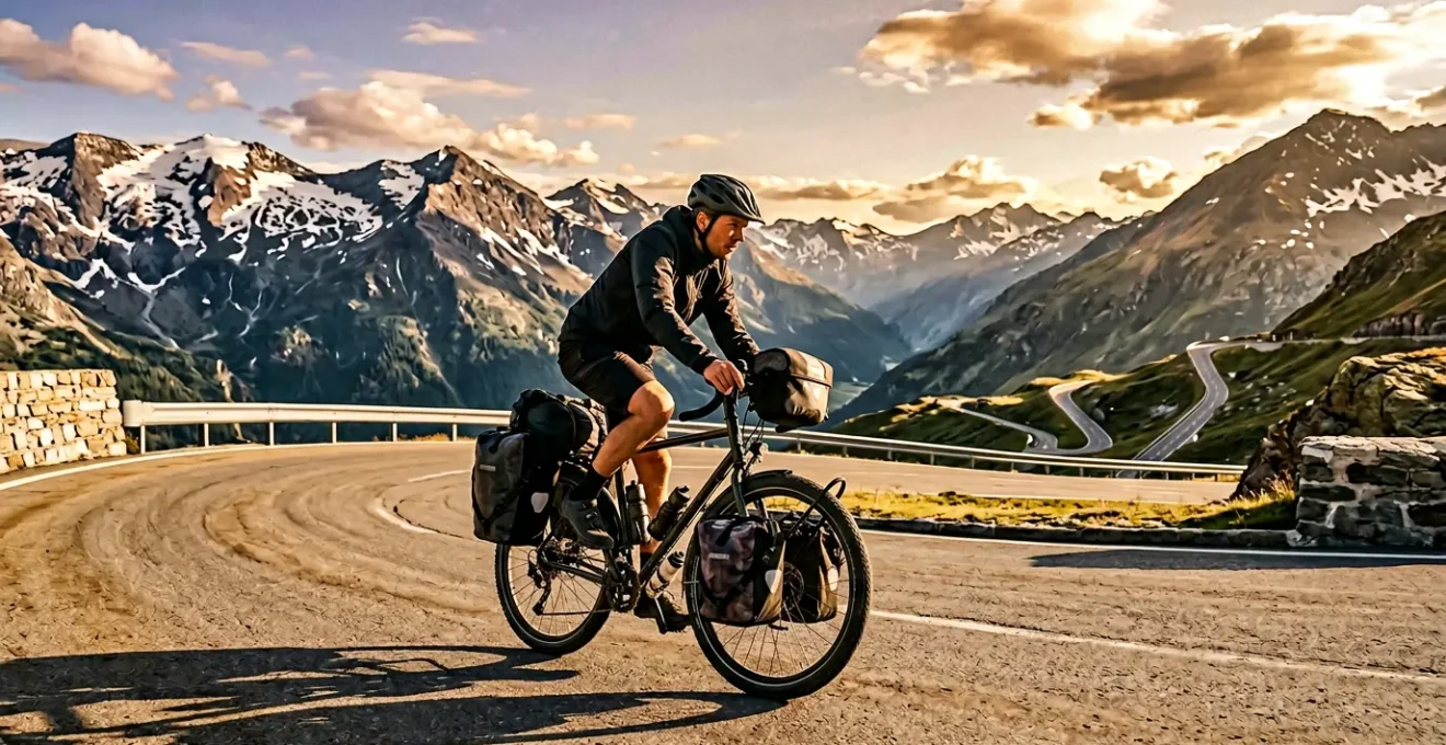 Hochbeladenes Reiserad mit stabiler Geometrie bei hoher Geschwindigkeit auf Alpenabfahrt