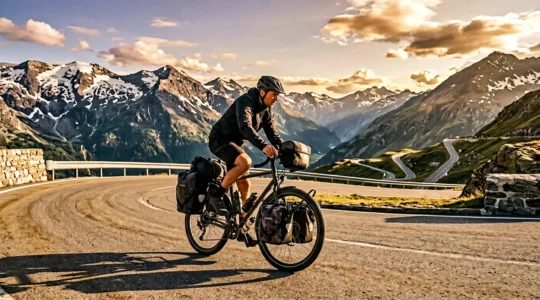 Hochbeladenes Reiserad mit stabiler Geometrie bei hoher Geschwindigkeit auf Alpenabfahrt