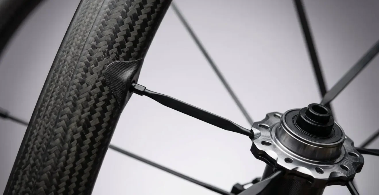 Detailaufnahme eines ultraleichten Carbon-Laufrads mit Fokus auf Felge, Speichen und Nabe
