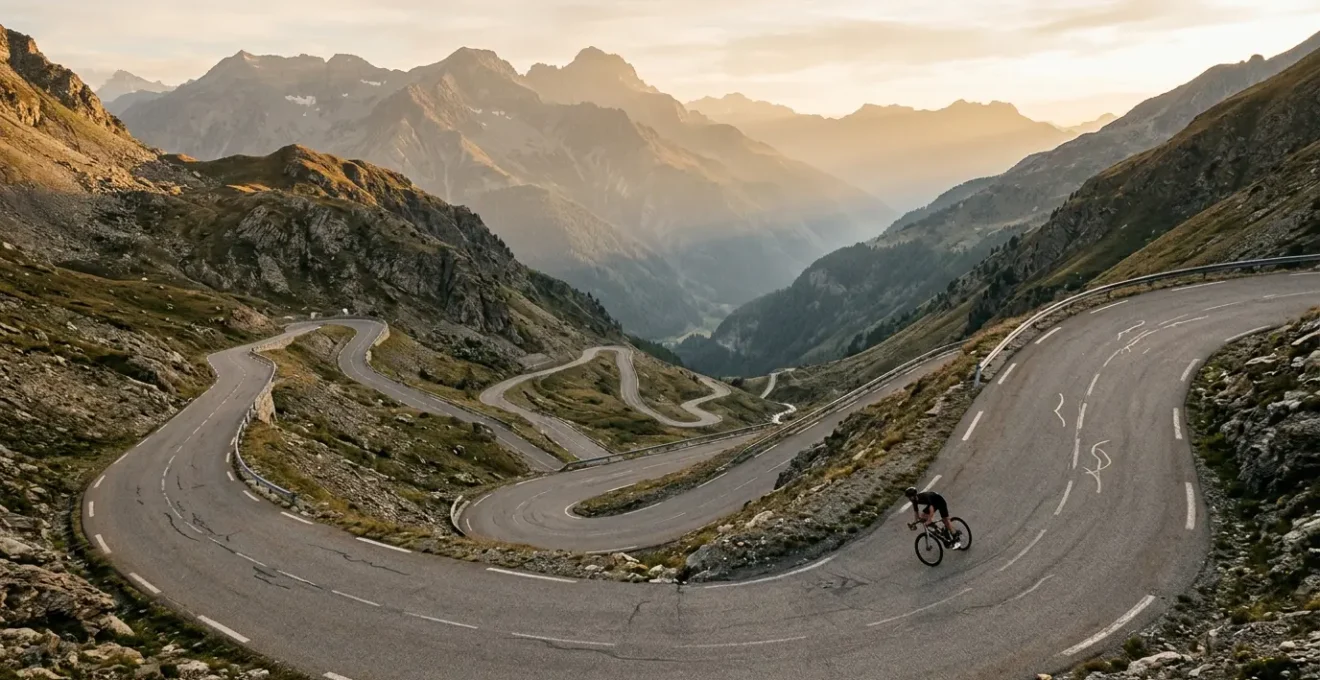 Rennradfahrer in steiler Serpentinenkurve während alpiner Abfahrt