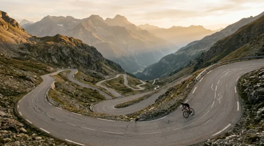 Rennradfahrer in steiler Serpentinenkurve während alpiner Abfahrt