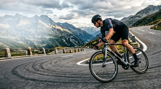 Rennradfahrer bei schneller Abfahrt mit Fokus auf Rahmengeometrie und Steifigkeit