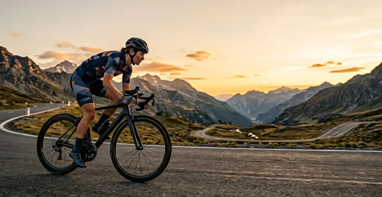 Professioneller Rennradfahrer in aerodynamischer Unterlenkerposition auf der Straße