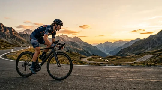 Professioneller Rennradfahrer in aerodynamischer Unterlenkerposition auf der Straße