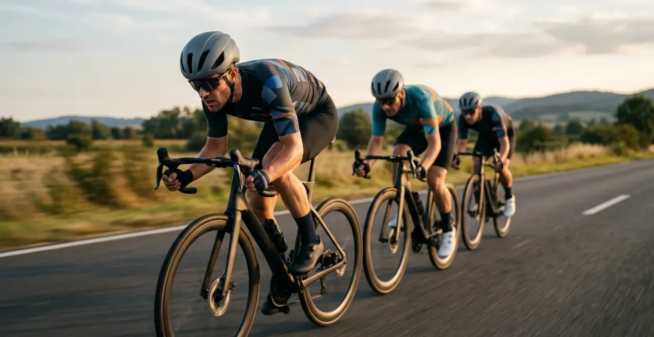 Rennradfahrer in aerodynamischer Formation im engen Windschatten bei hoher Geschwindigkeit