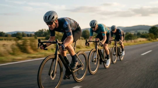 Rennradfahrer in aerodynamischer Formation im engen Windschatten bei hoher Geschwindigkeit