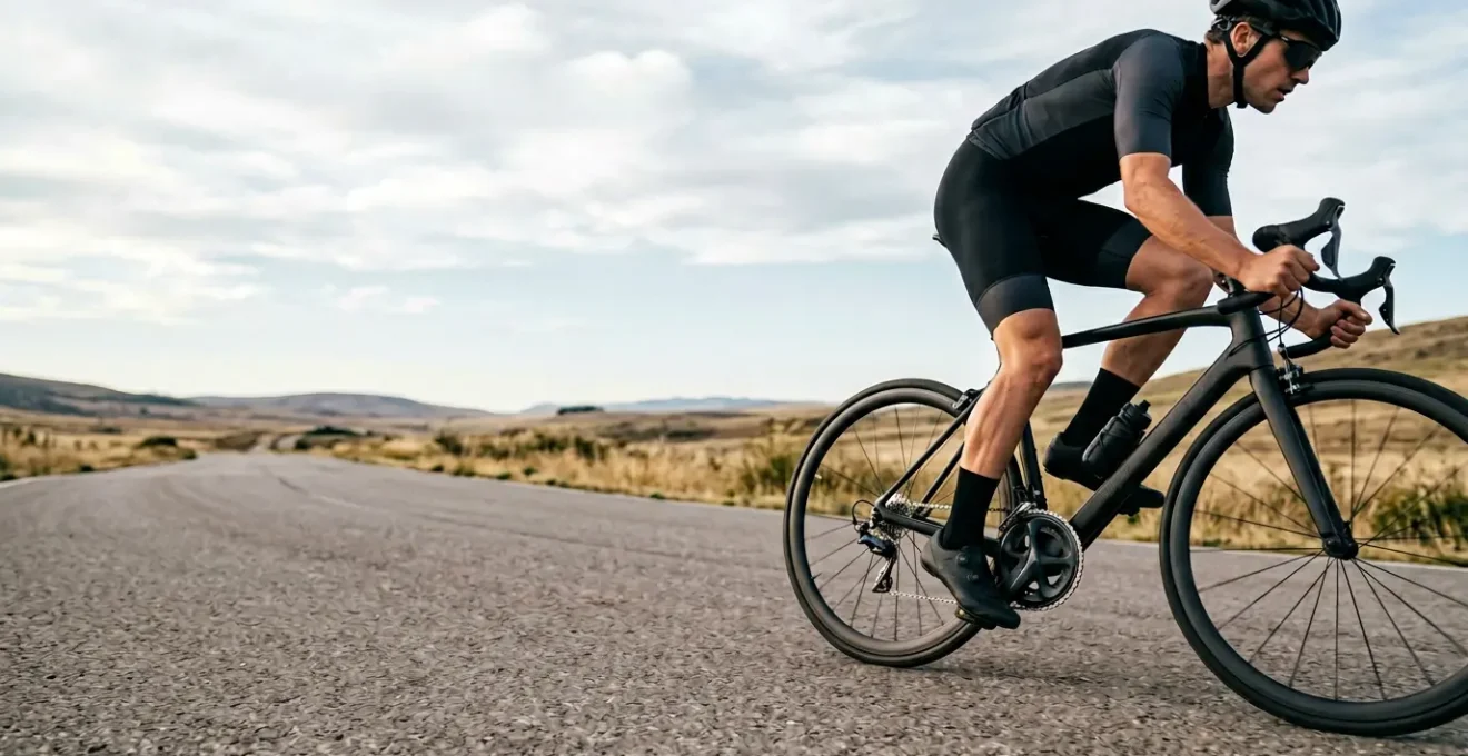 Nahaufnahme eines professionellen Radfahrers beim Treten zeigt biomechanische Bewegung der Beine am Pedal