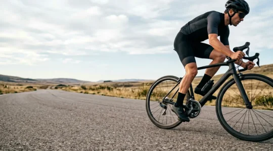 Nahaufnahme eines professionellen Radfahrers beim Treten zeigt biomechanische Bewegung der Beine am Pedal