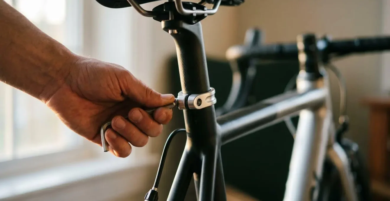 Detailaufnahme einer präzisen Sattelstützen-Höheneinstellung am Rennrad