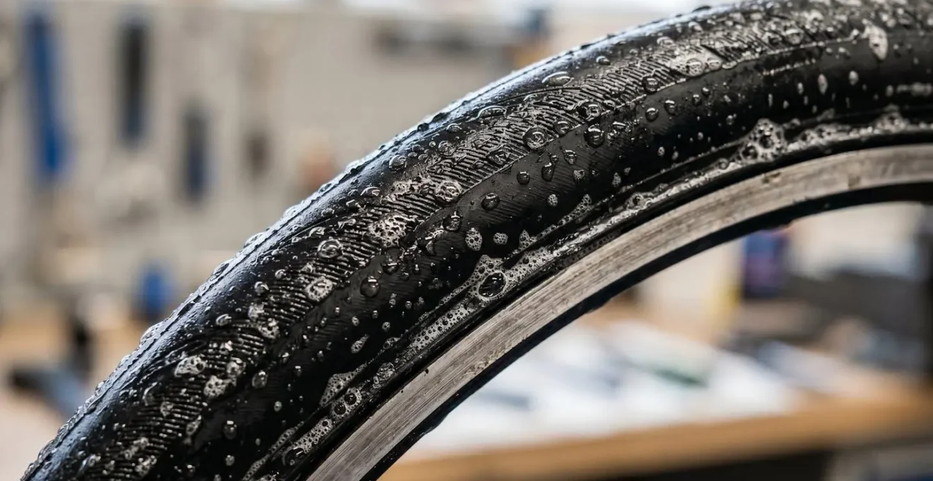 Detailaufnahme einer mit Seifenlauge benetzten Tubeless-Reifenwulst während der Montage auf eine Felge