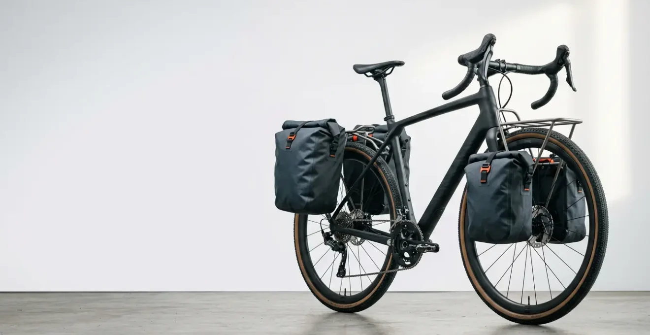 Modernes Sportrad mit werkzeuglos montiertem Gepäckträger-System bereit für den Transport