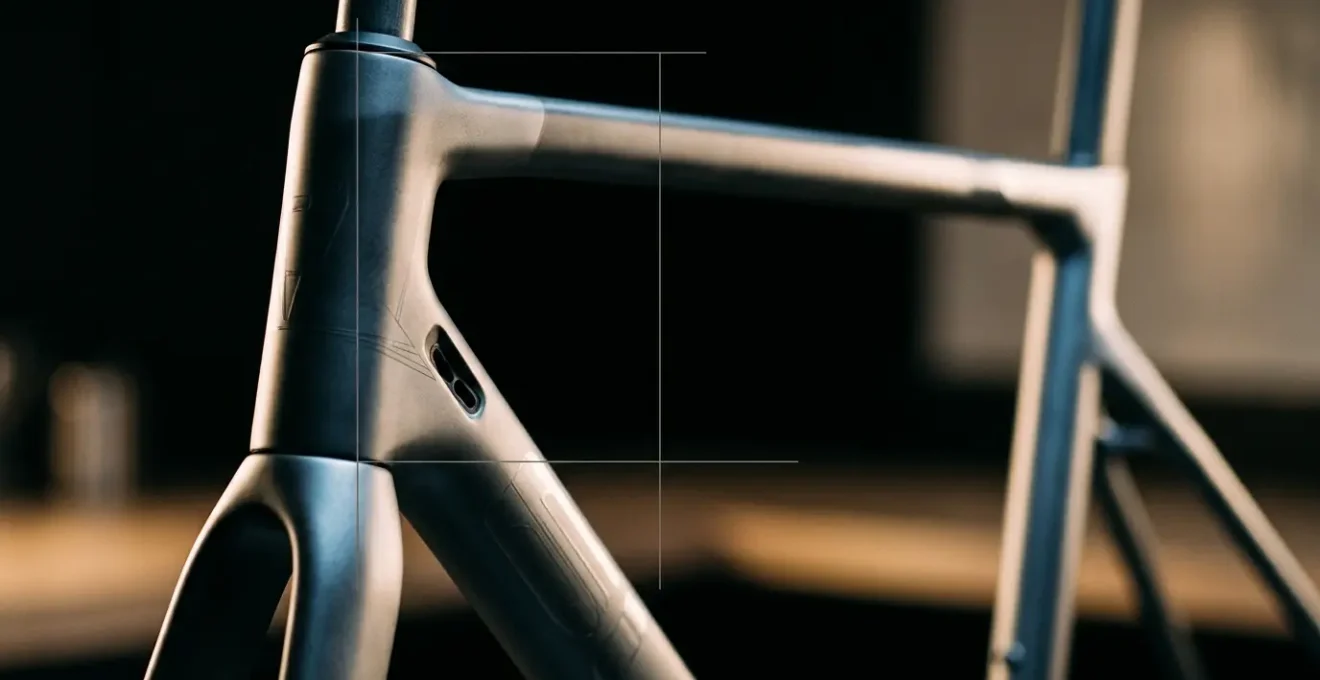 Nahaufnahme einer professionellen Fahrradgeometrie-Vermessung mit präzisen Messpunkten am Rahmen