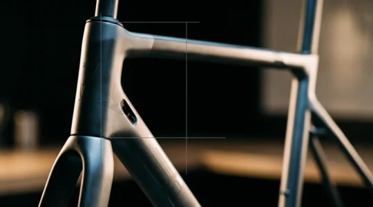 Nahaufnahme einer professionellen Fahrradgeometrie-Vermessung mit präzisen Messpunkten am Rahmen