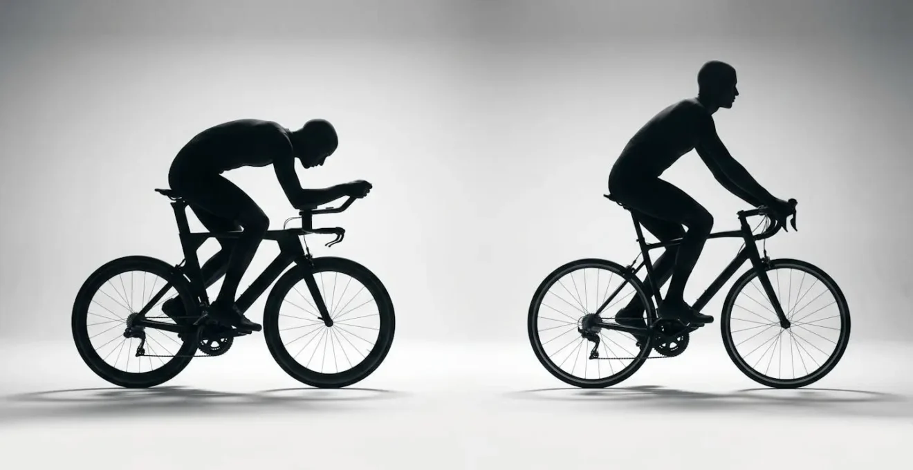 Seitliche Ansicht zweier Fahrradrahmen-Silhouetten mit unterschiedlicher Geometrie und Sitzposition
