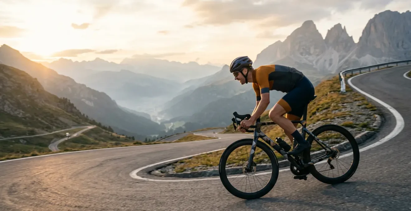 Rennradfahrer in dynamischer Aero-Position auf malerischer Bergstraße bei goldenem Sonnenlicht