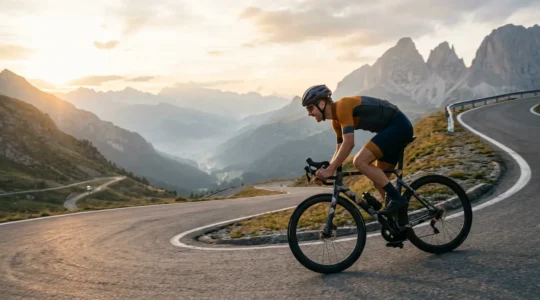 Rennradfahrer in dynamischer Aero-Position auf malerischer Bergstraße bei goldenem Sonnenlicht