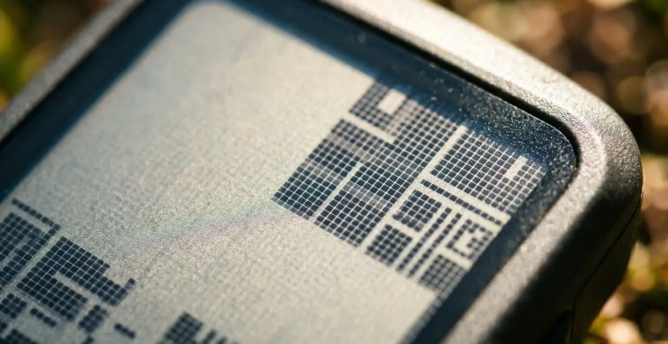 Nahaufnahme eines transflektiven Radcomputer-Displays bei hellem Sonnenlicht mit perfekter Ablesbarkeit