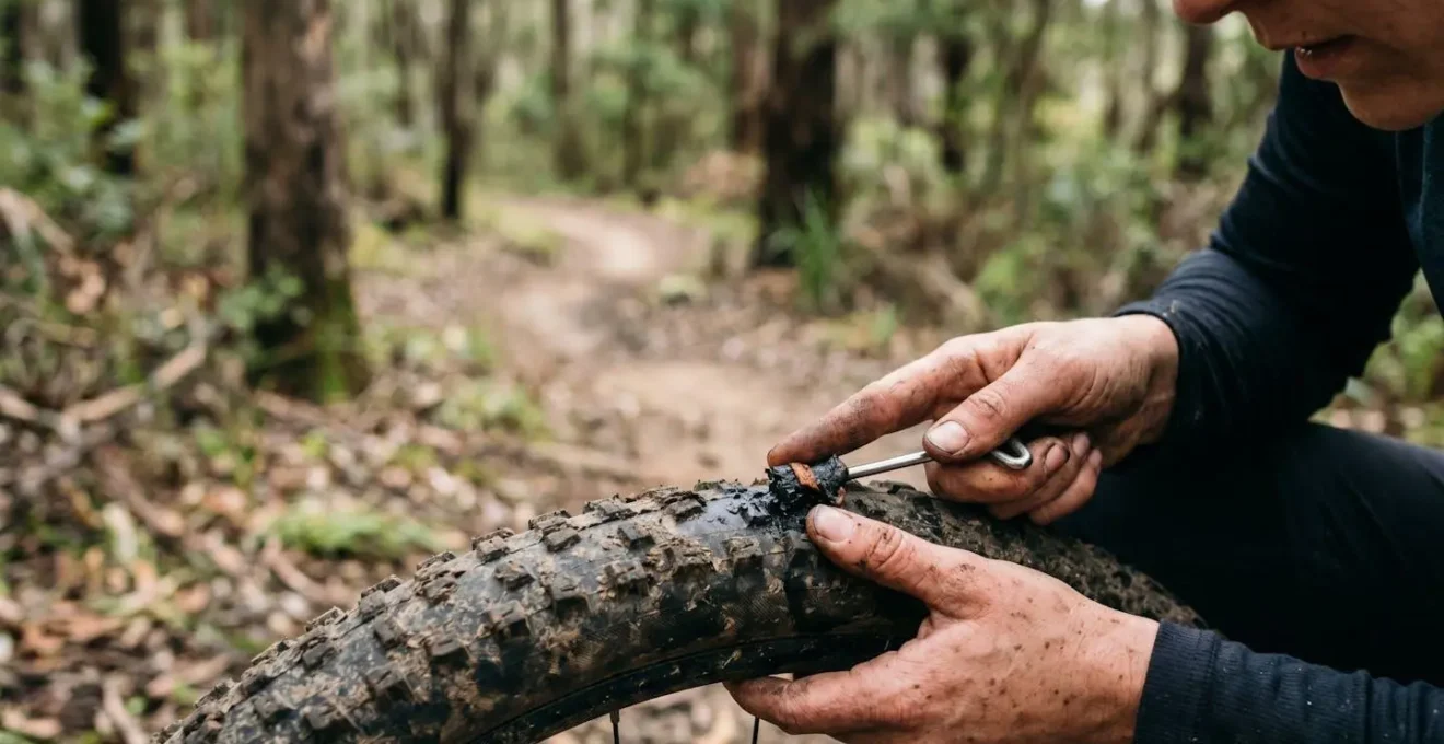 Nahaufnahme eines Bacon-Strip-Tubeless-Reparatur-Plugs, der in einen beschädigten Fahrradreifen eingeführt wird