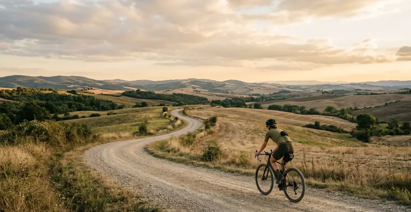 Radfahrer mit GPS-Computer auf unbekanntem Schotterweg in ländlicher Umgebung