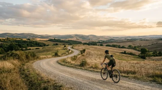 Radfahrer mit GPS-Computer auf unbekanntem Schotterweg in ländlicher Umgebung