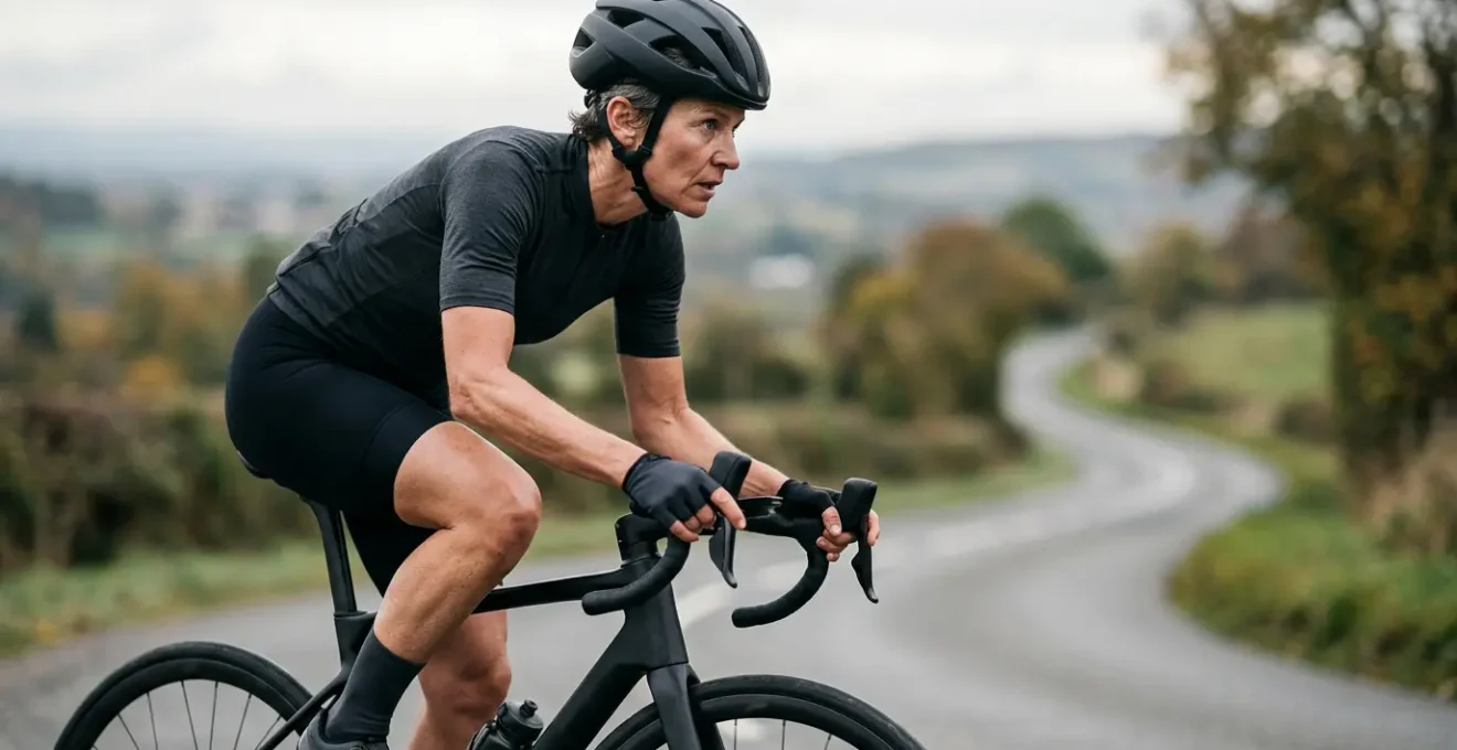 Erfahrener Radsportler in den Vierzigern bei intensivem Intervalltraining auf dem Rennrad
