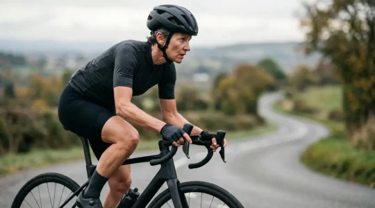 Erfahrener Radsportler in den Vierzigern bei intensivem Intervalltraining auf dem Rennrad