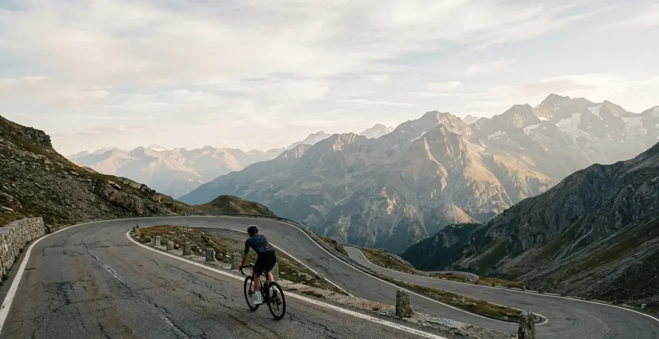 Radfahrer bei der Vorbereitung auf alpinen Radmarathon mit Bergpanorama