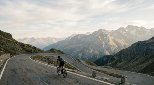 Radfahrer bei der Vorbereitung auf alpinen Radmarathon mit Bergpanorama