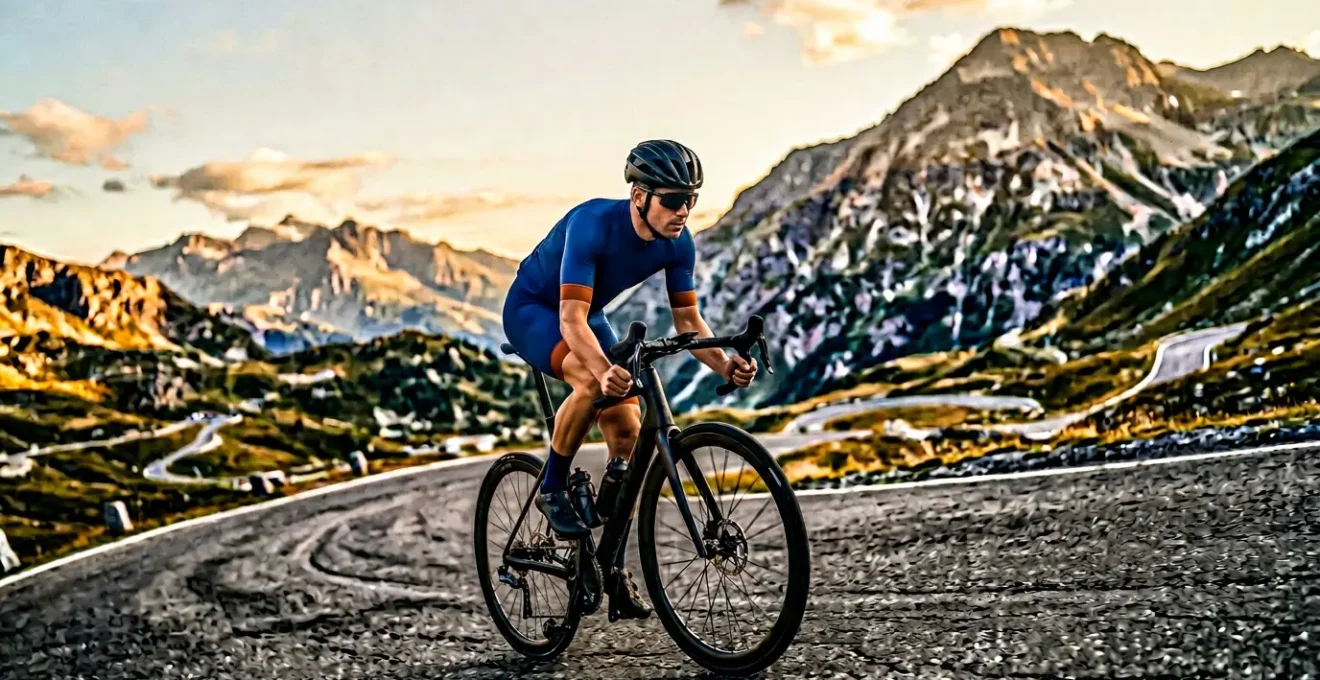 Rennradfahrer beim steilen Bergauffahren mit kraftvoller Pedalbewegung und aerodynamischer Position